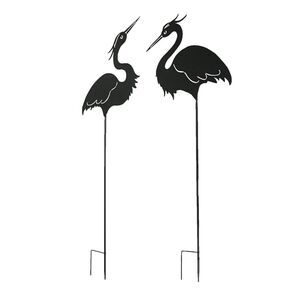 Set / 2 Black Laser-Cut Heron Silhouette Cutout Metal Bird Garden Stakes 43 Inch